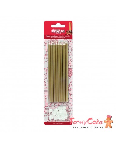 Velas Alargadas oro Metalizadas 13cm, 16ud Dekora