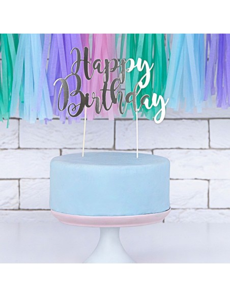 Topper Para Tarta Happy Birthday Plateado Partydeco