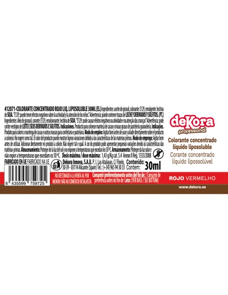 Colorante Líquido Rojo Liposoluble 30ml Dekora