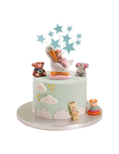 Figura para Tarta Bautizo Cigüeña y Bebé Rosa Dekora
