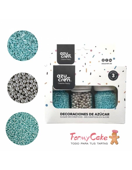 Set Sprinkle Fideos Turquesa/Nonpareil Turquesa/Perlas Plata Azucren