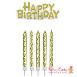 Set de Velas y Happy Birthday Doradas 17ud PME