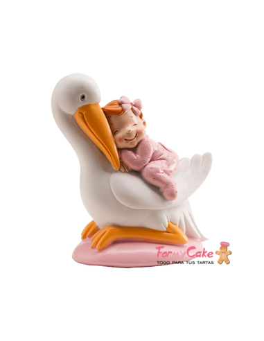 Figura para Tarta Bautizo Cigüeña y Bebé Rosa  Dekora