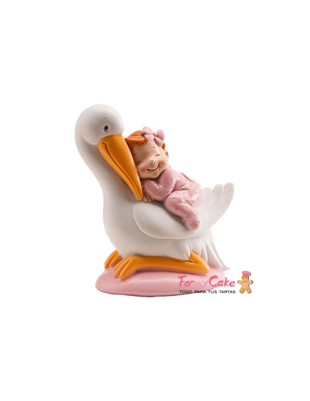Figura para Tarta Bautizo Cigüeña y Bebé Rosa  Dekora